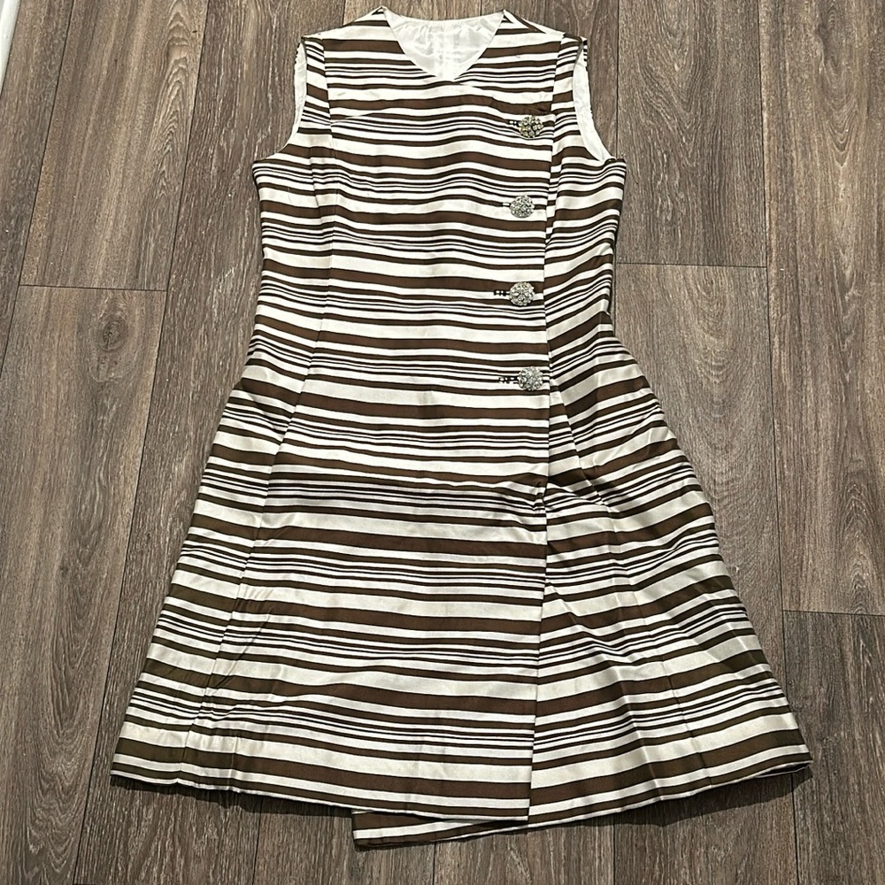 ILGWU Union Made vintage tan with white stripes dress with ruffles